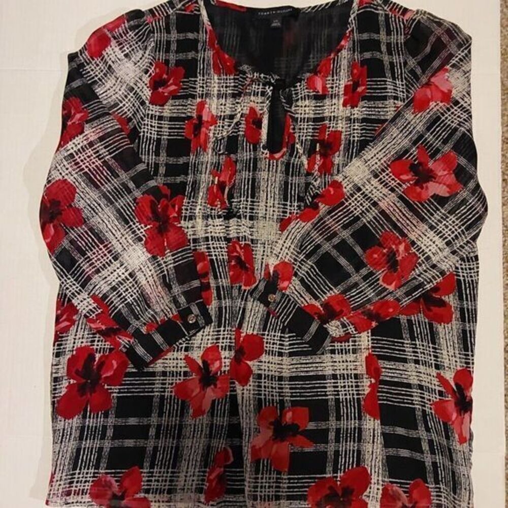Women's Tommy Hilfiger  Large Black Red & White Floral 3/4‎ Sleeve Lined Blouse